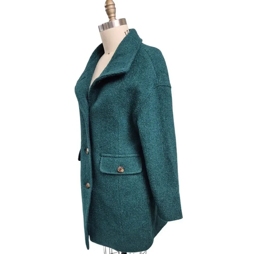 Talbots Green Wool Boucle Tweed Mock Neck Coat Fully Lined Sz S